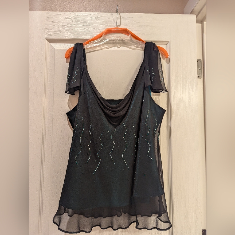 Black Silk Chiffon Hand Beaded Camisole, Flutter Shoulder Plus Size 2X